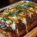 A plate of delicious French onion meatloaf topped with melted cheese and caramelized onions.