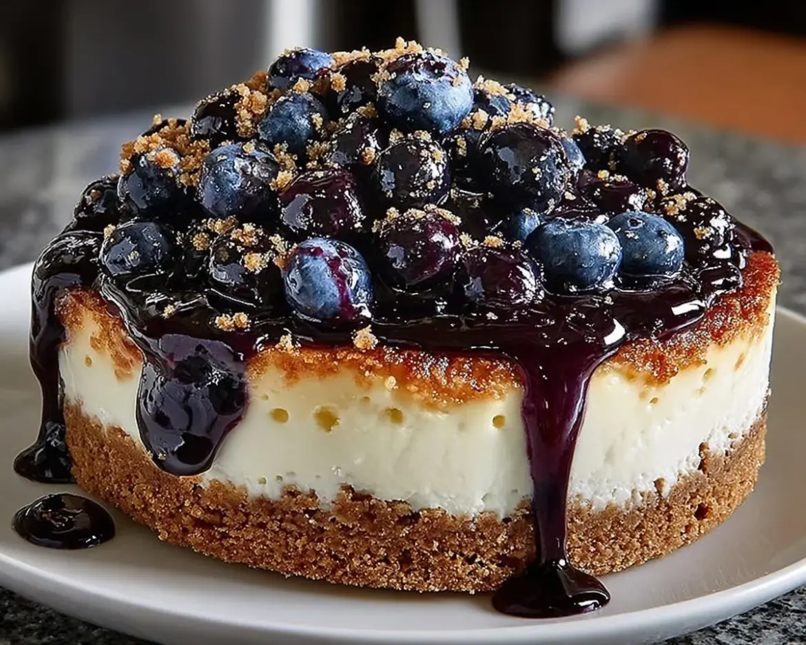 Fresh Blueberry Cheesecake topped with ripe blueberries and a graham cracker crust