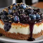 Fresh Blueberry Cheesecake topped with ripe blueberries and a graham cracker crust
