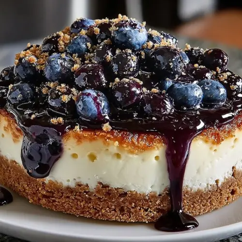 Fresh Blueberry Cheesecake topped with ripe blueberries and a graham cracker crust