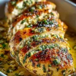 Garlic butter baked chicken breast plated with herbs and vegetables