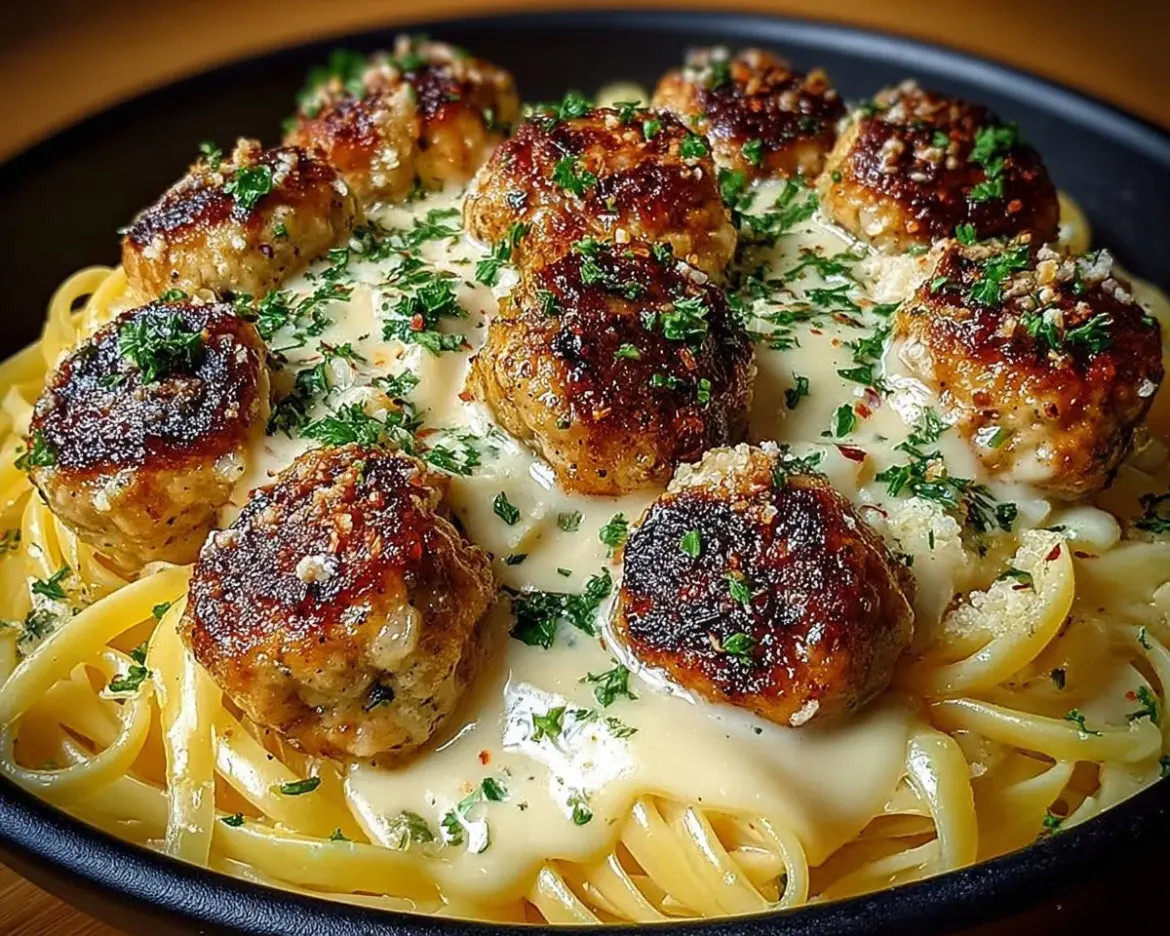 Garlic Butter Chicken Balls served with creamy Parmesan pasta dish