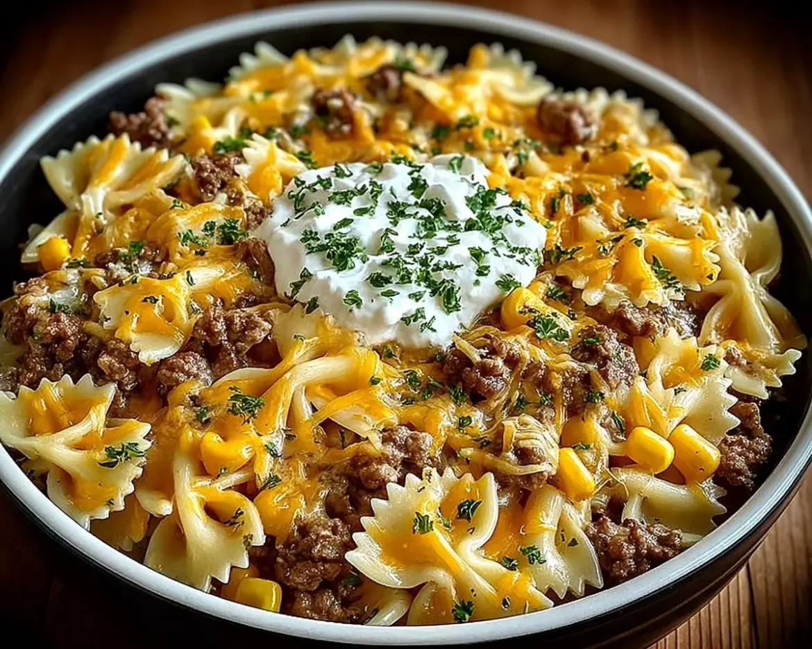 Garlic Butter Ranch Beef and Roasted Corn Bowtie Casserole served in a dish