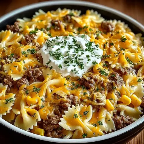 Garlic Butter Ranch Beef and Roasted Corn Bowtie Casserole served in a dish