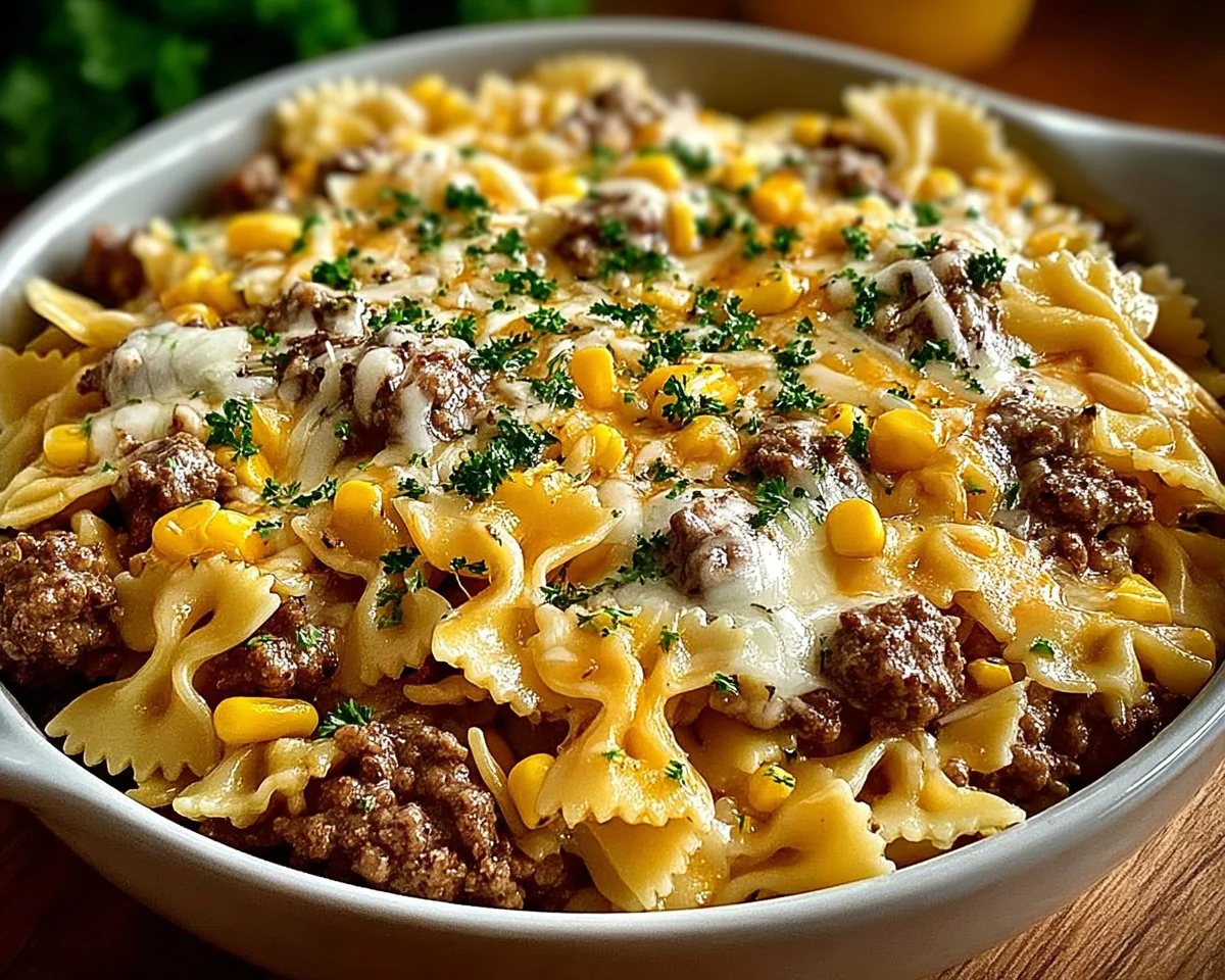 Garlic Butter Ranch Beef and Roasted Corn Bowtie Casserole