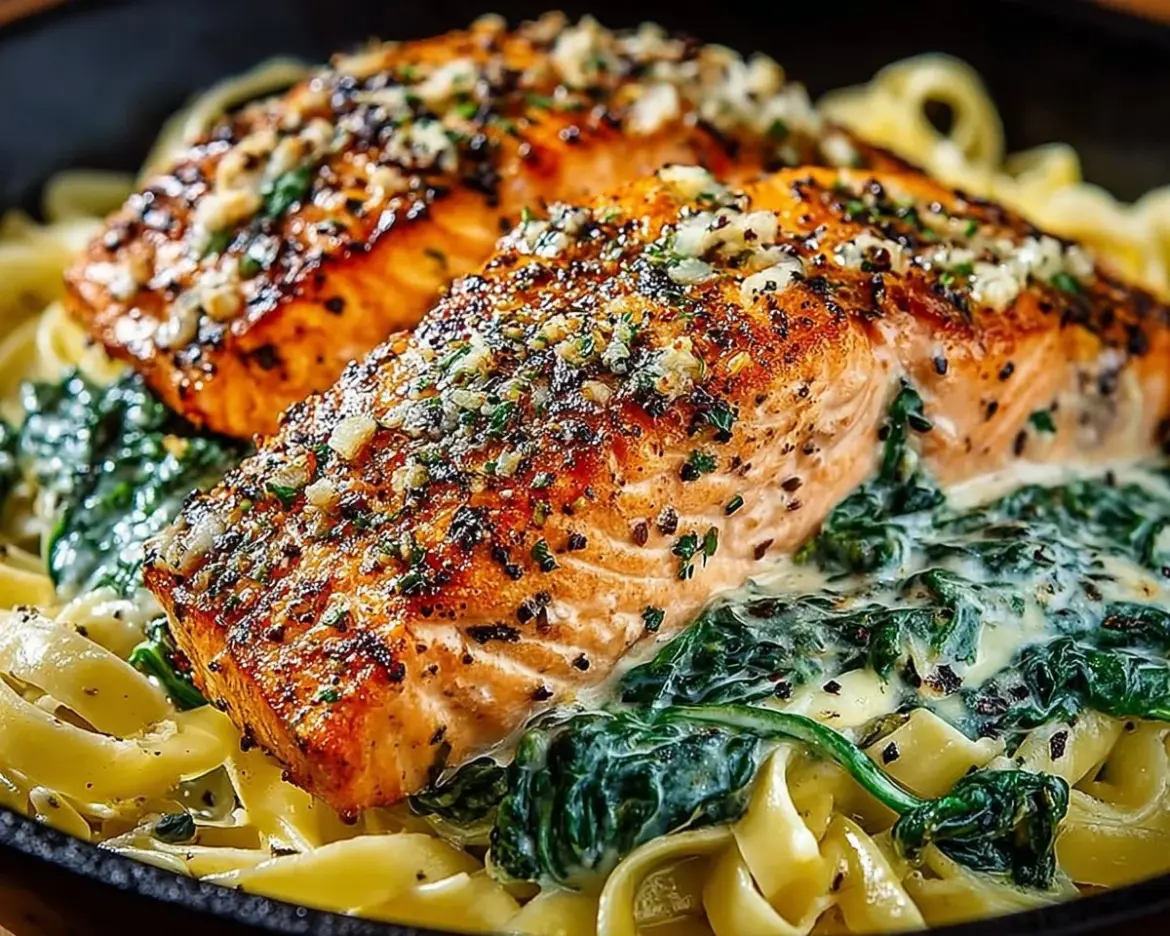 Garlic Butter Salmon with Creamy Spinach Linguine served on a plate