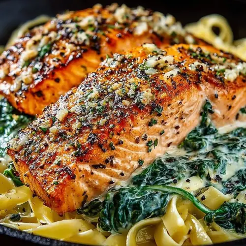 Garlic Butter Salmon with Creamy Spinach Linguine served on a plate