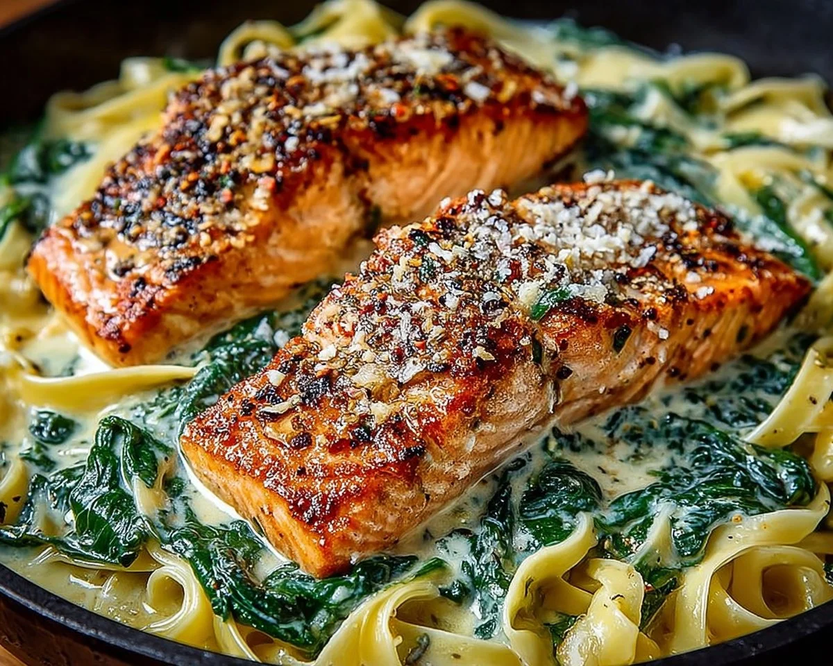Garlic Butter Salmon with Creamy Spinach Linguine