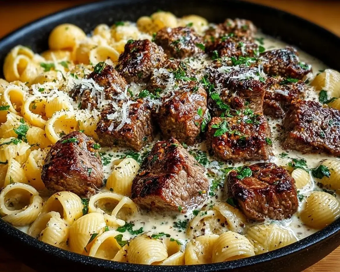 Delicious Garlic Butter Steak Bites served with creamy Parmesan shells