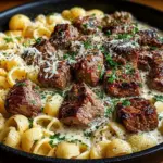Delicious Garlic Butter Steak Bites served with creamy Parmesan shells