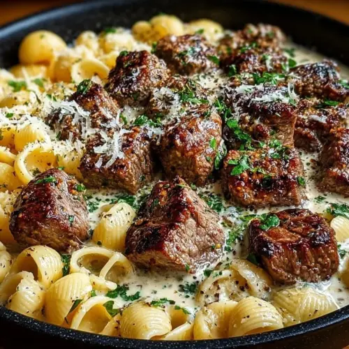 Delicious Garlic Butter Steak Bites served with creamy Parmesan shells