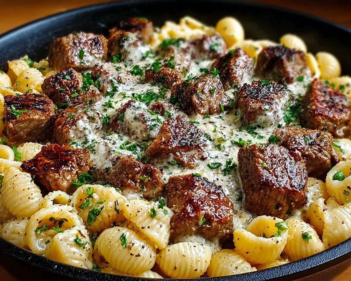 Garlic Butter Steak Bites & Creamy Parmesan Shells