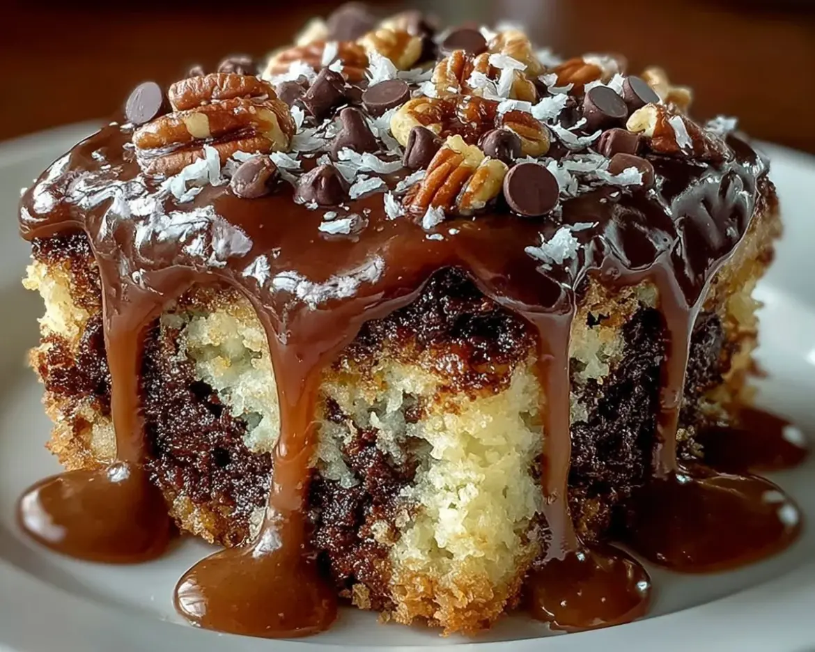 Delicious German Chocolate Poke Cake topped with coconut and pecan frosting