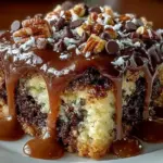 Delicious German Chocolate Poke Cake topped with coconut and pecan frosting