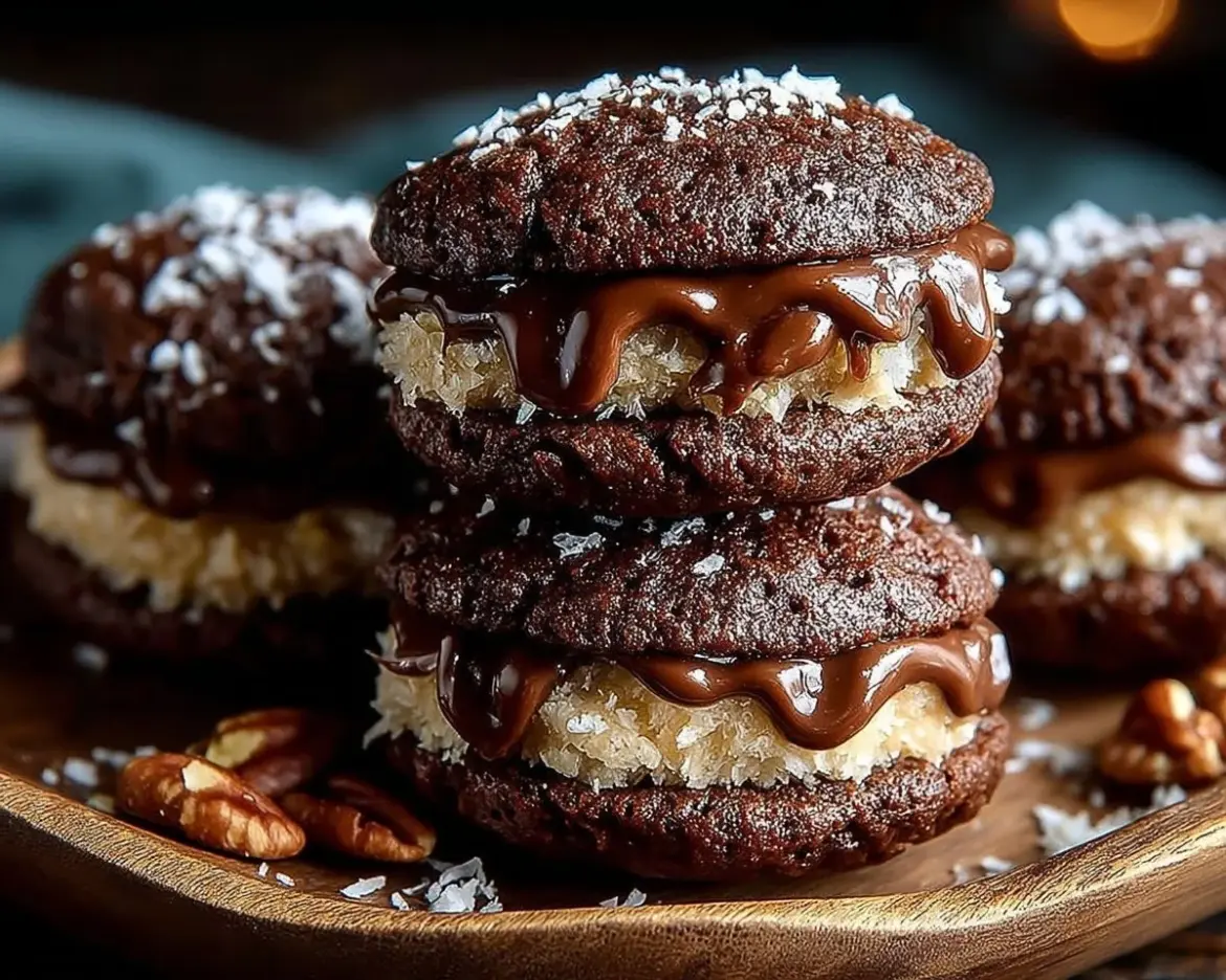 Delicious German Chocolate Whoopie Pies with coconut frosting