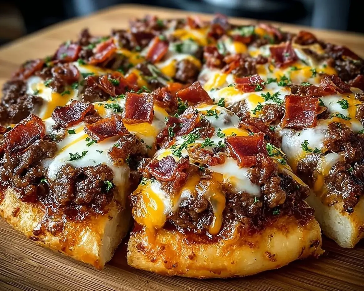 A delicious Giant Burger-Pizza topped with meat, cheese, and bacon slices.