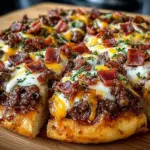 A delicious Giant Burger-Pizza topped with meat, cheese, and bacon slices.