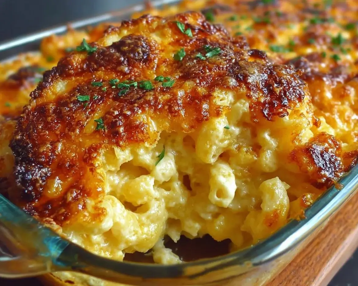 A bowl of good old fashioned mac and cheese topped with a golden crust and parsley