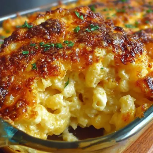 A bowl of good old fashioned mac and cheese topped with a golden crust and parsley