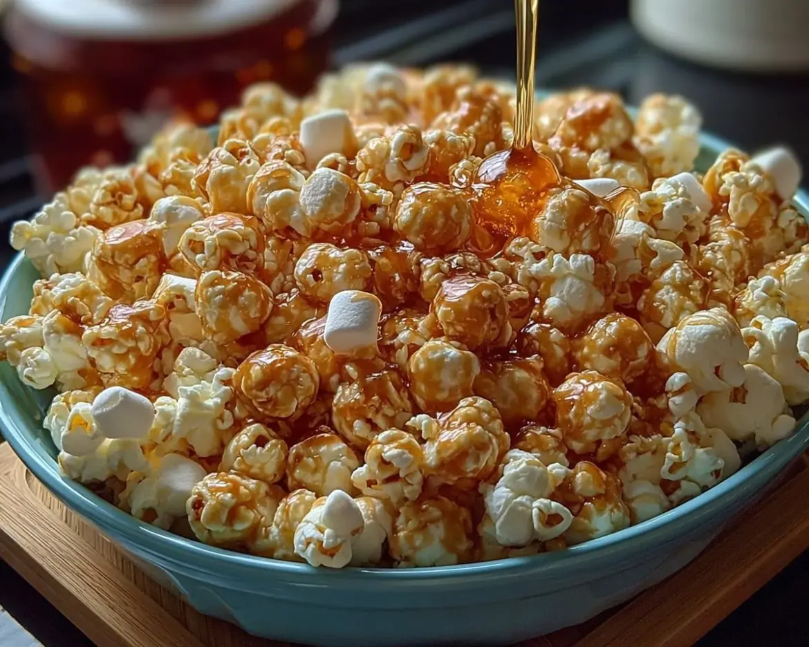 Gooey marshmallow caramel popcorn in a bowl, ready to enjoy.