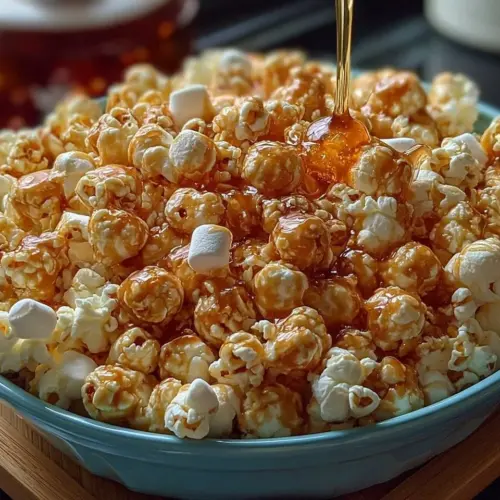 Gooey marshmallow caramel popcorn in a bowl, ready to enjoy.