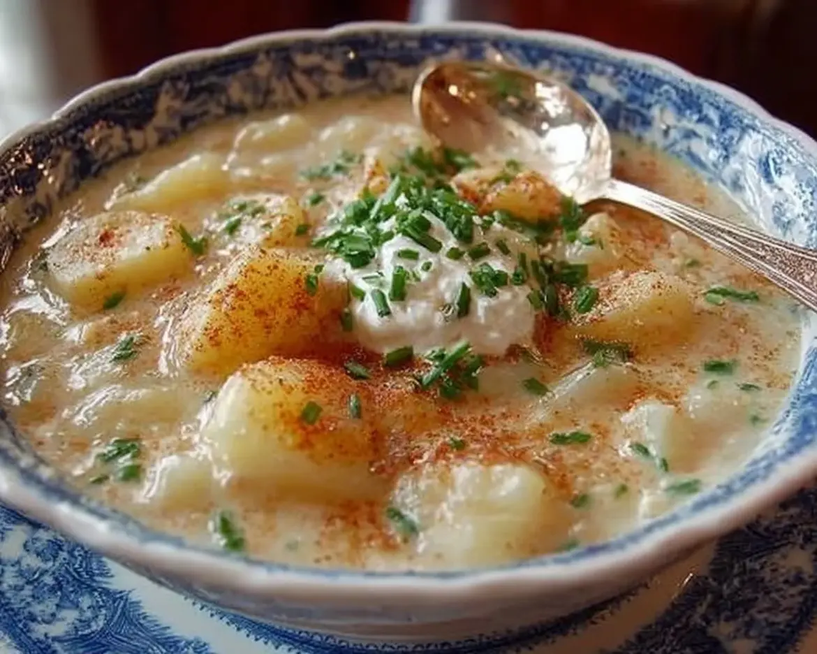 Bowl of Grandma's homemade potato soup with herbs and spices