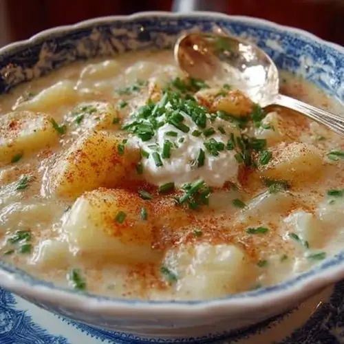 Bowl of Grandma's homemade potato soup with herbs and spices