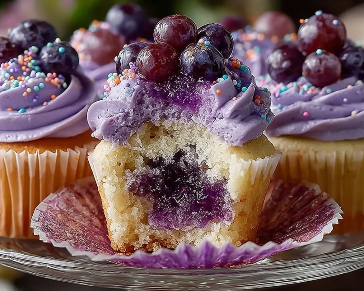 Delicious Grape Crush Cupcakes topped with grape-flavored frosting and sprinkles