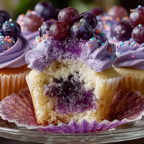 Delicious Grape Crush Cupcakes topped with grape-flavored frosting and sprinkles