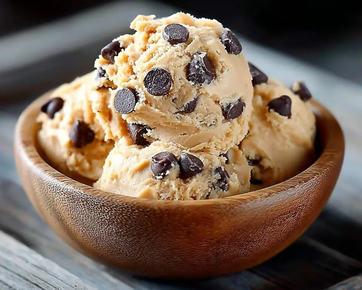 Bowl of Greek yogurt cookie dough with chocolate chips, ready to bake.