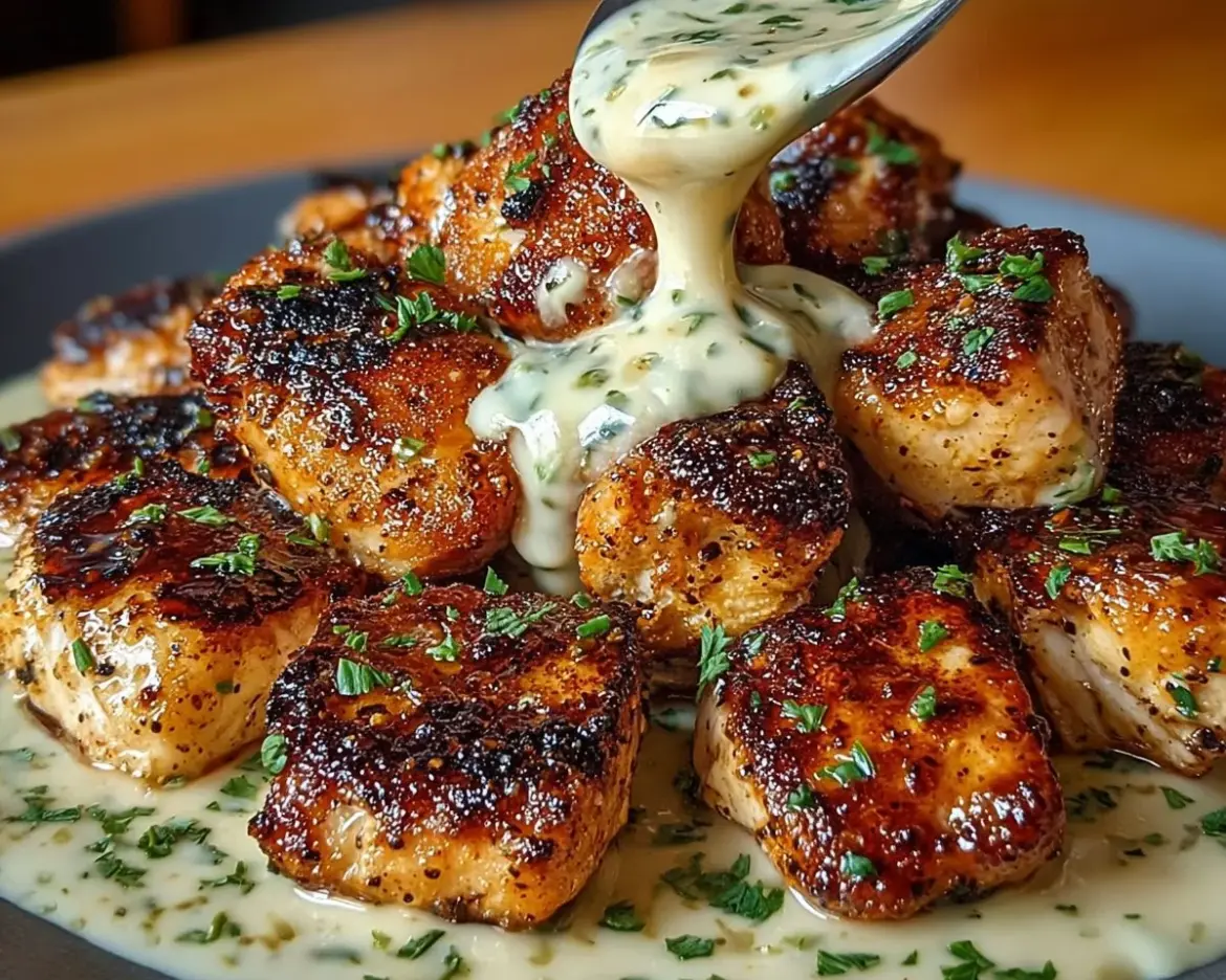 Grilled chicken bites served with creamy garlic sauce