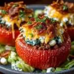 Healthy taco stuffed tomatoes filled with seasoned meat and fresh toppings
