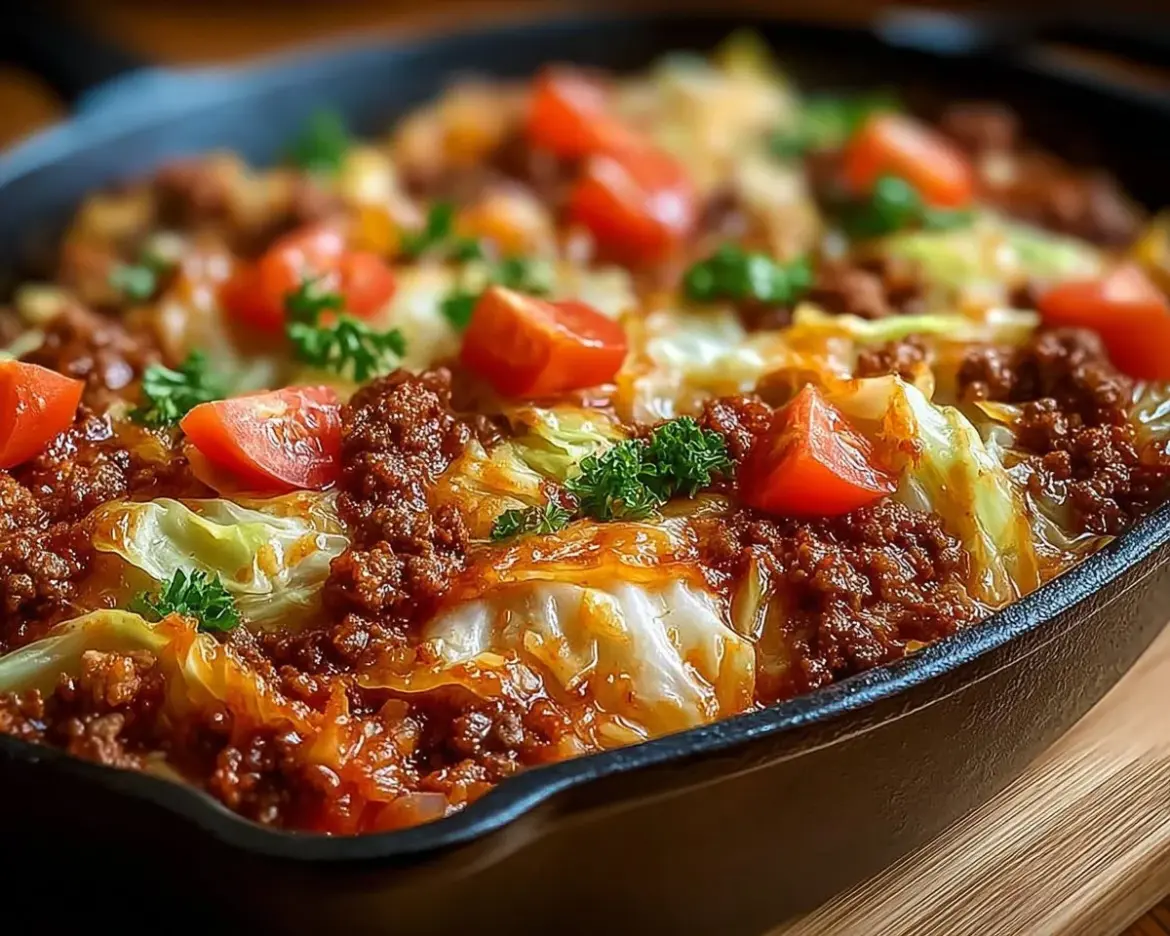 Hearty cabbage and ground beef casserole served in a baking dish