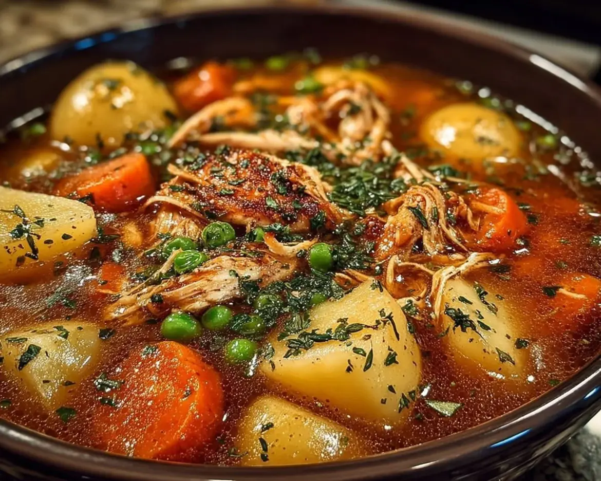 A bowl of hearty chicken and vegetable stew filled with colorful ingredients.