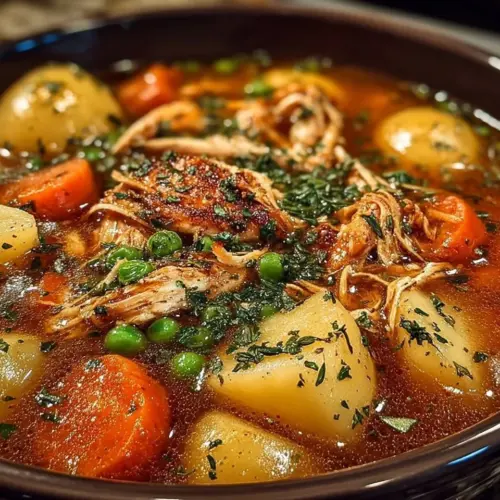 A bowl of hearty chicken and vegetable stew filled with colorful ingredients.
