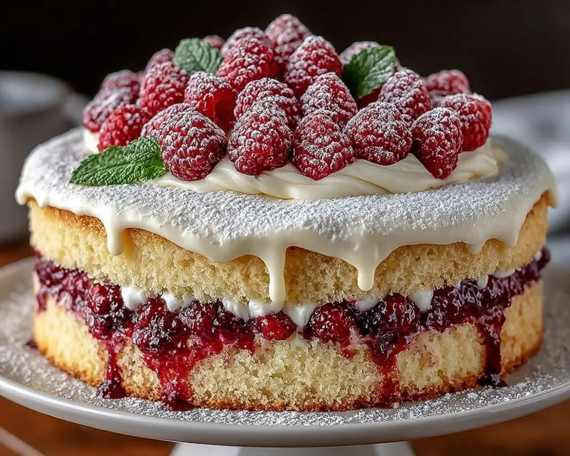 Slice of Heavenly White Chocolate Raspberry Cake with fresh raspberries and white chocolate