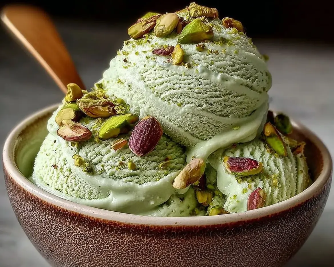 Bowl of high protein pistachio ice cream topped with crushed pistachios