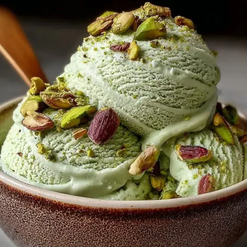 Bowl of high protein pistachio ice cream topped with crushed pistachios