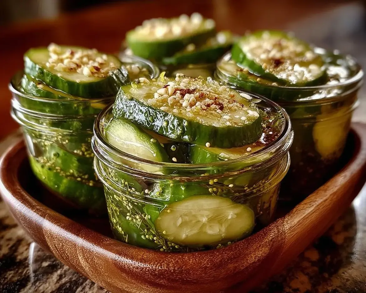 Homemade garlic dill pickles in a jar with fresh herbs and spices