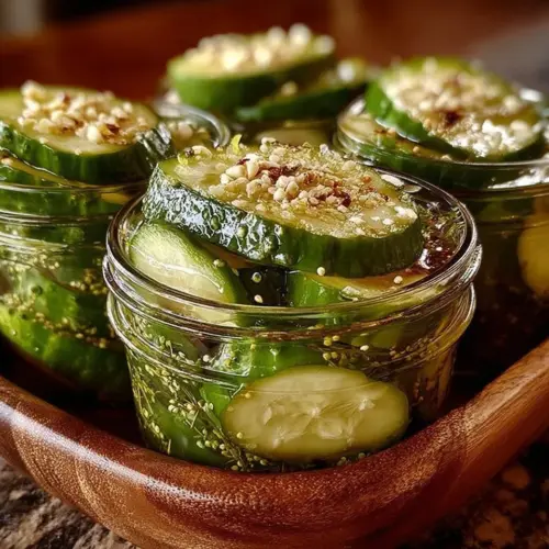 Homemade garlic dill pickles in a jar with fresh herbs and spices
