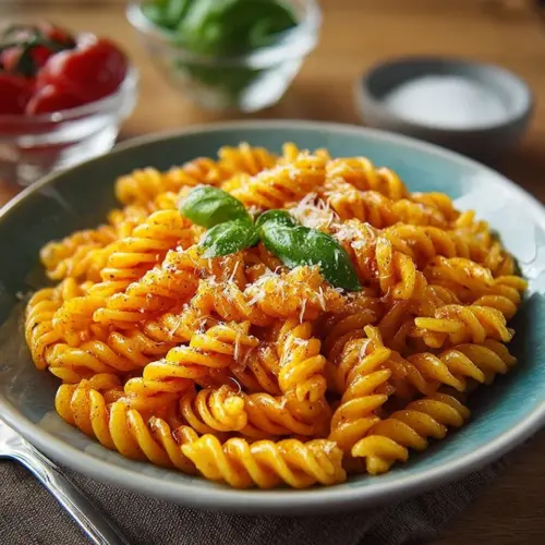 Homemade Gemelli Pasta on a wooden table, topped with fresh herbs and sauce.