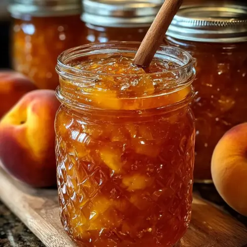 Jar of homemade peach jam with fresh peaches and a spoon