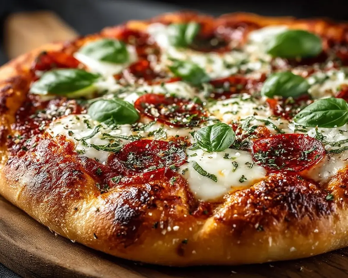 Delicious homemade pizza with fresh ingredients and melted cheese