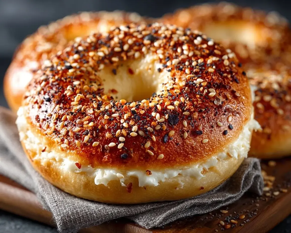 Freshly baked homemade sourdough bagels on a wooden board