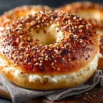 Freshly baked homemade sourdough bagels on a wooden board