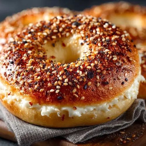 Freshly baked homemade sourdough bagels on a wooden board