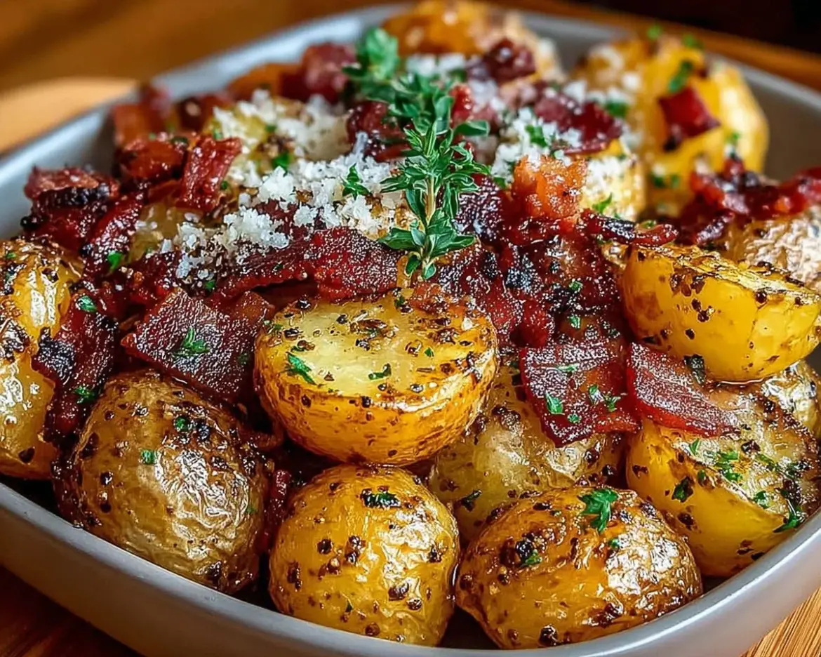 Delicious Honey Bacon Roasted Potatoes served in a bowl