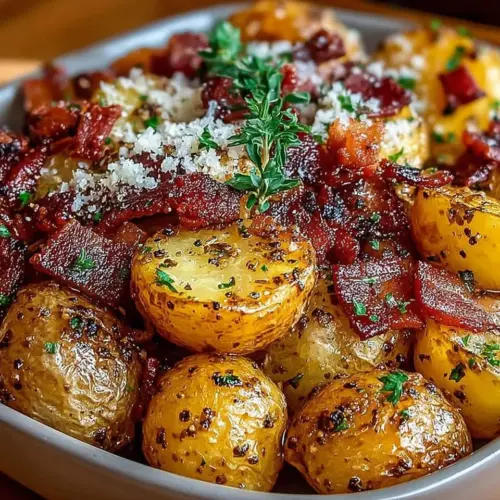 Delicious Honey Bacon Roasted Potatoes served in a bowl