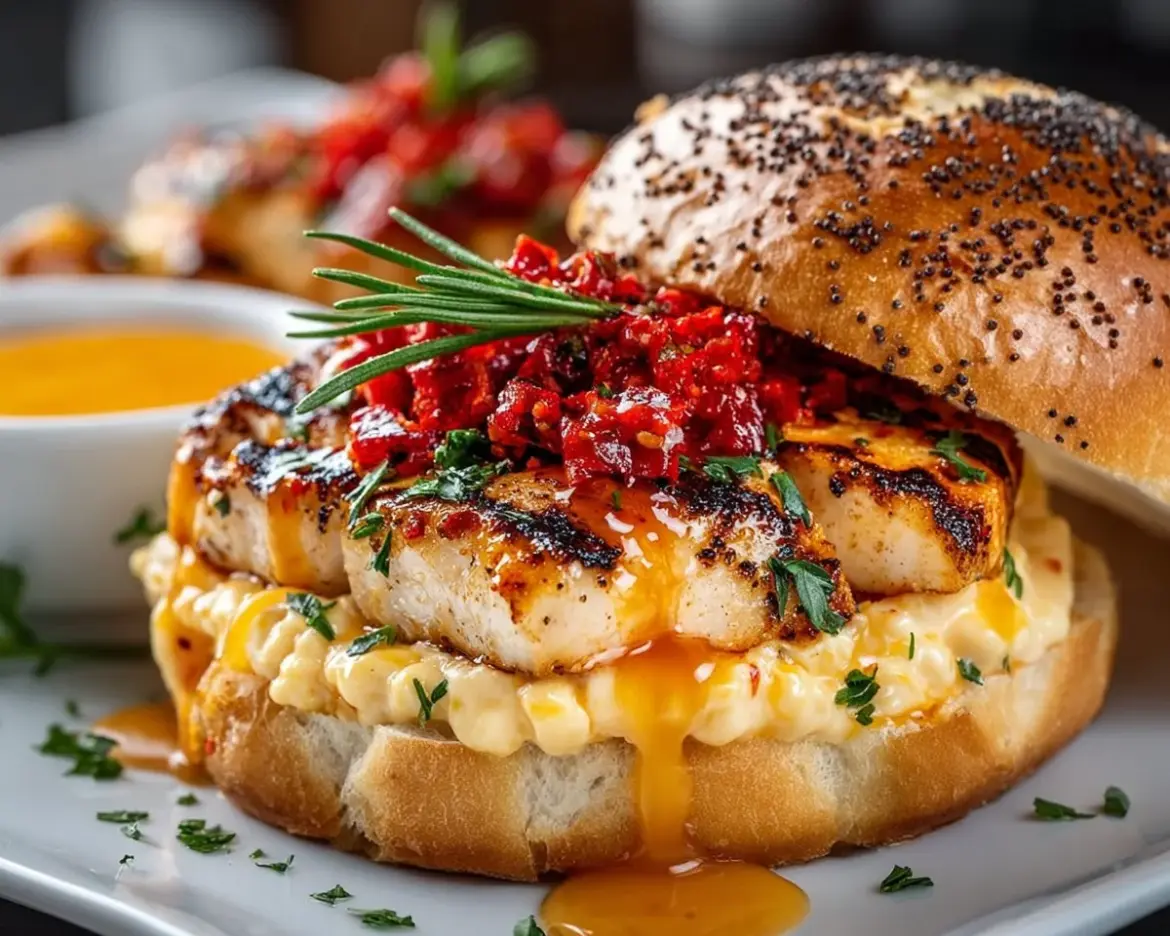 Delicious Honey Pepper Pimento Chicken Sandwich with spicy sauce and pimento cheese