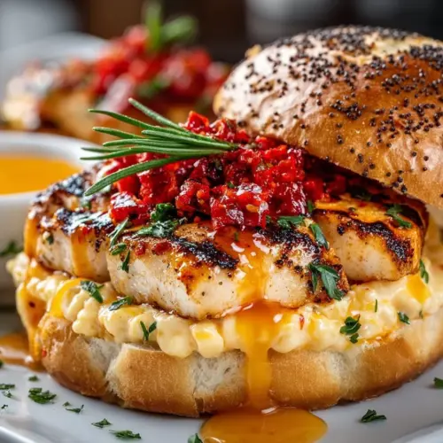 Delicious Honey Pepper Pimento Chicken Sandwich with spicy sauce and pimento cheese
